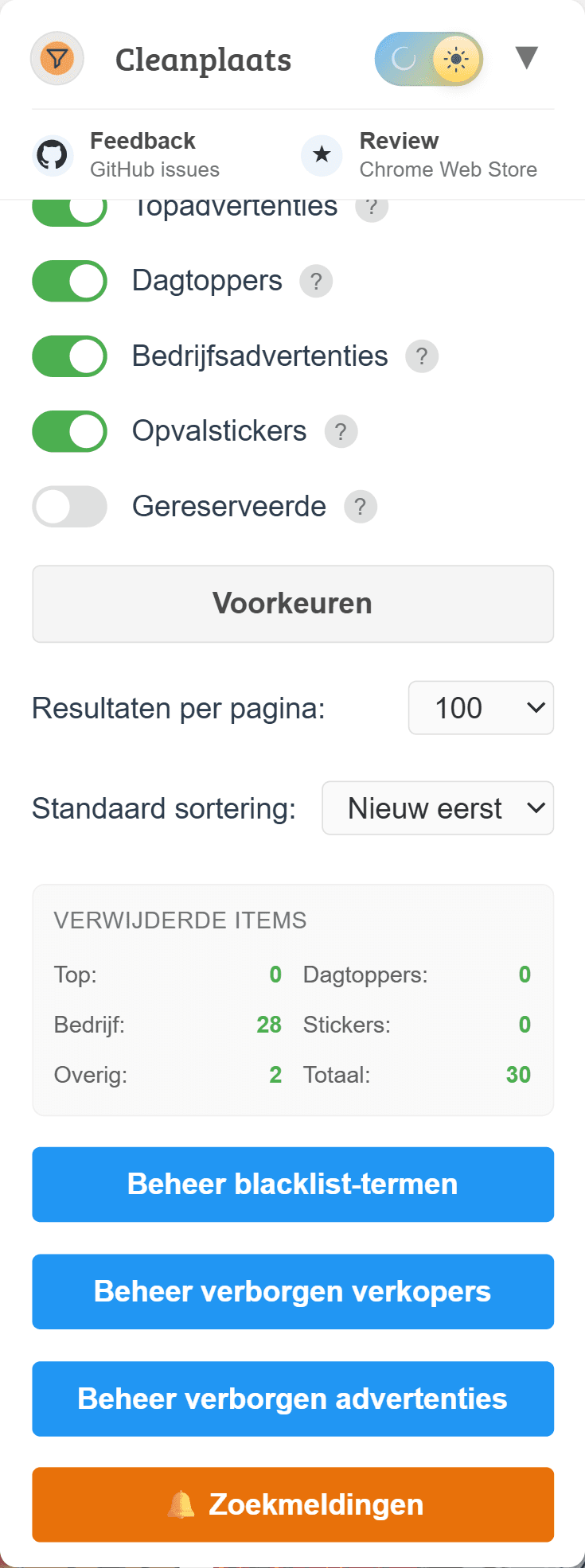 Het Cleanplaats-paneel op Marktplaats, met schakelaars voor de filters, een teller van verwijderde items en knoppen om blokkades te beheren.